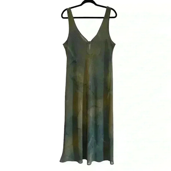 Gorgeous DIAMOND TEA Natural Leaf Print 90s Bias Cut Sheer Sleeveless Maxi Gown - Picture 5 of 7